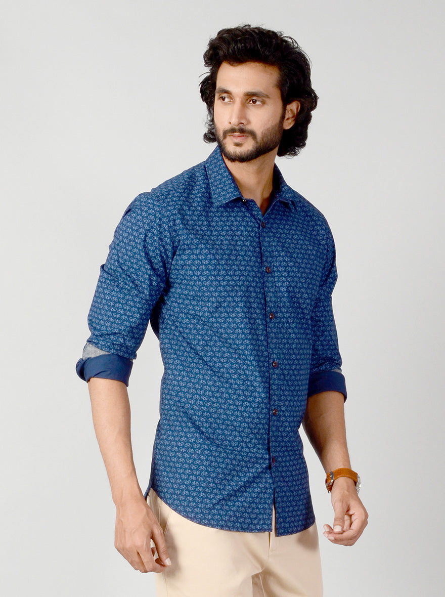 Navy Blue Printed Slim Fit Casual Shirt | Greenfibre