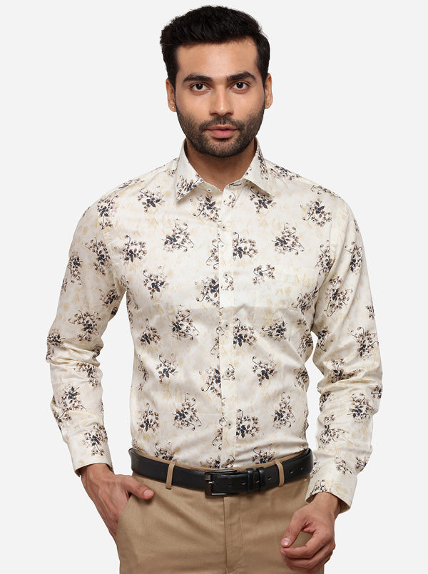 Cream Printed Slim Fit Formal Shirt | Greenfibre