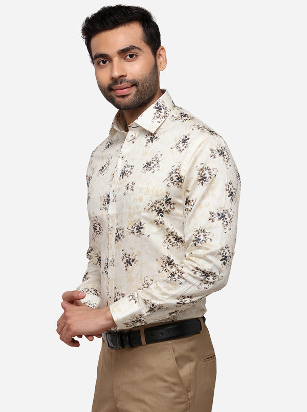 Cream Printed Slim Fit Formal Shirt | Greenfibre