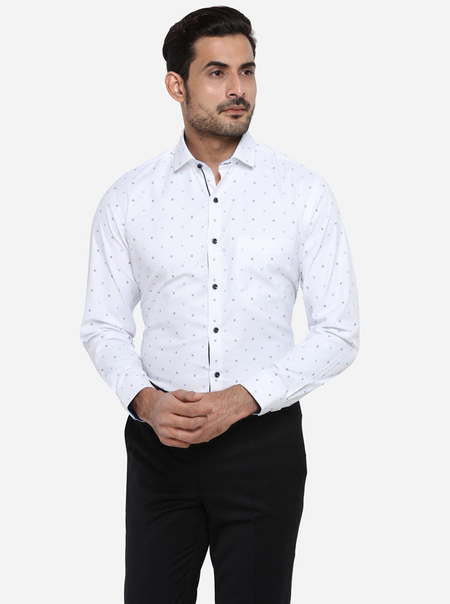 White & Blue Printed Slim Fit Party wear Shirt | Greenfibre