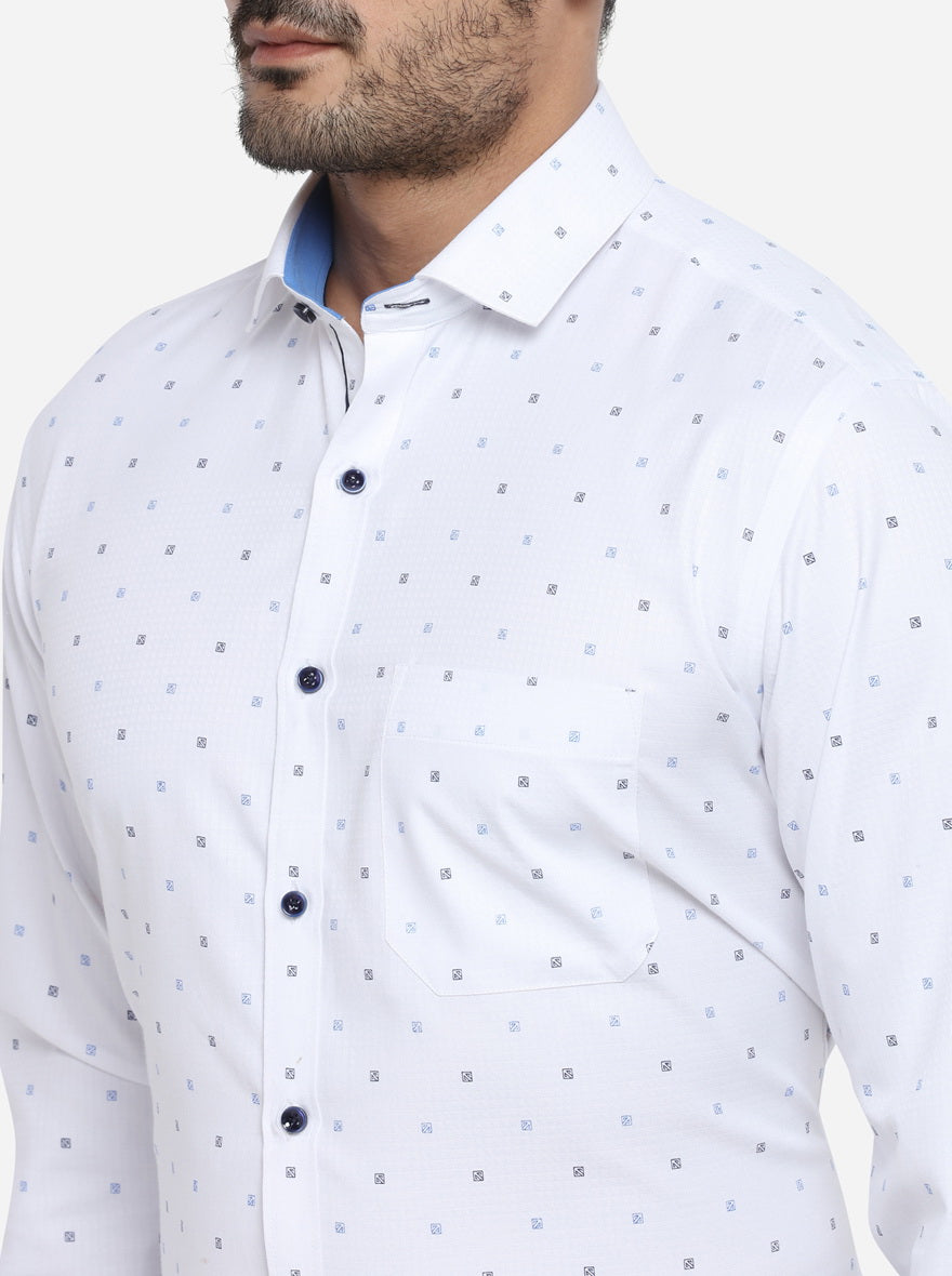 White & Blue Printed Slim Fit Party wear Shirt | Greenfibre