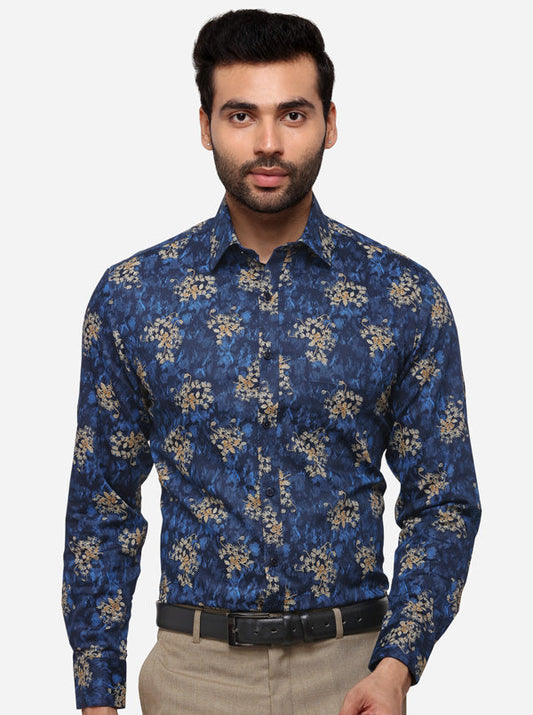 Blue Printed Slim Fit Formal Shirt | Greenfibre