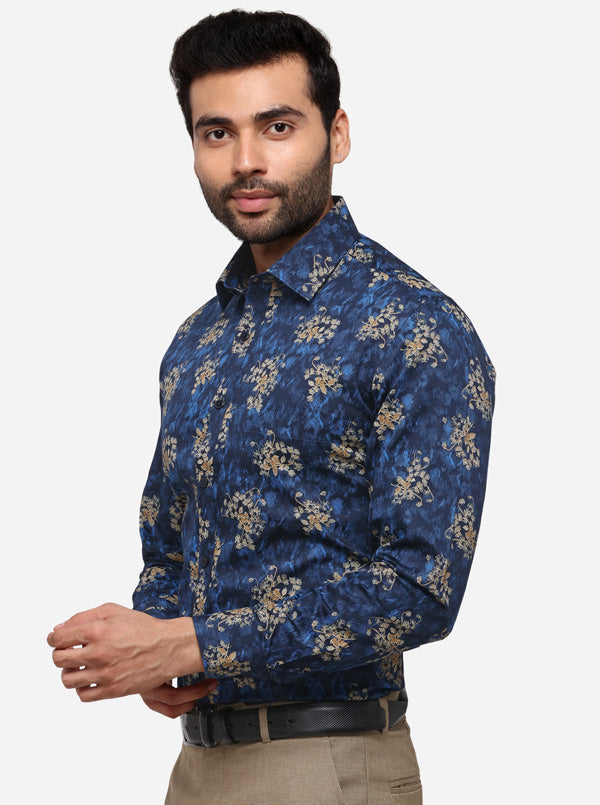 Blue Printed Slim Fit Formal Shirt | Greenfibre