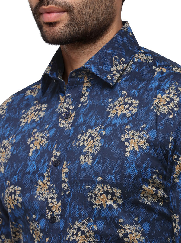 Blue Printed Slim Fit Formal Shirt | Greenfibre