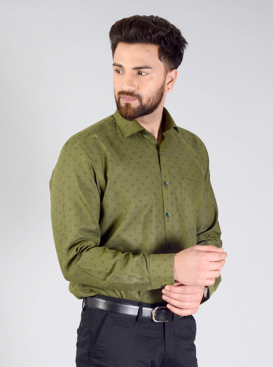 Dark Green Printed Regular Fit Formal Shirt | JadeBlue