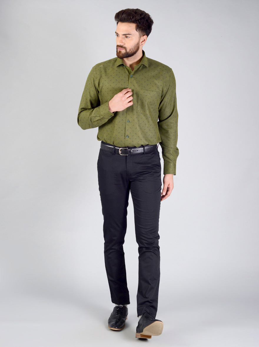 Dark Green Printed Regular Fit Formal Shirt | JadeBlue