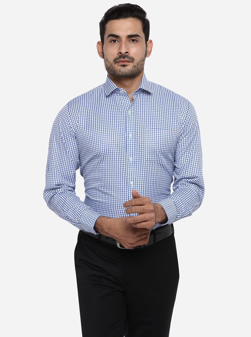 Blue & White Checked Regular Fit Formal Shirt | Greenfibre