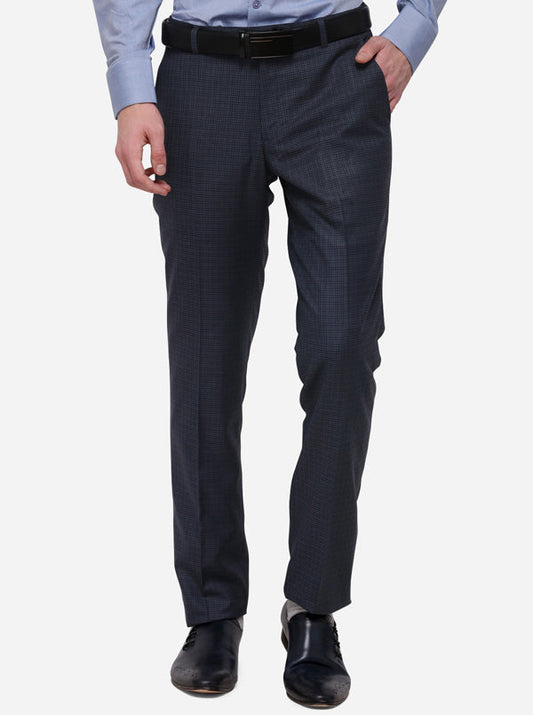 Blue & Grey Checked Super Slim Fit Formal Trouser | JadeBlue