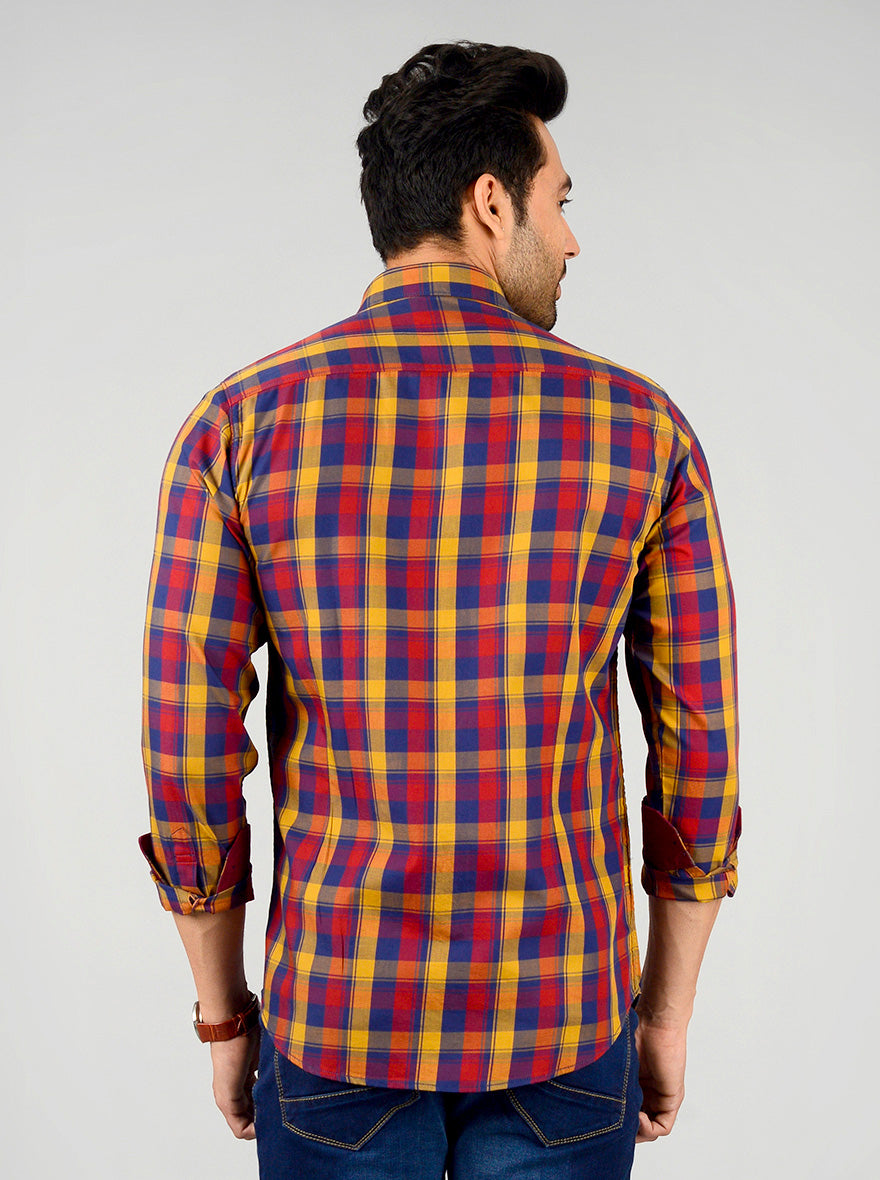 Mustard Yellow & Blue Checked Slim Fit Casual Shirt | Greenfibre