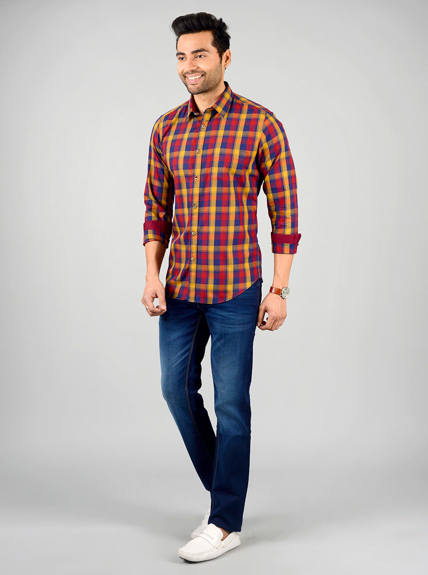 Mustard Yellow & Blue Checked Slim Fit Casual Shirt | Greenfibre