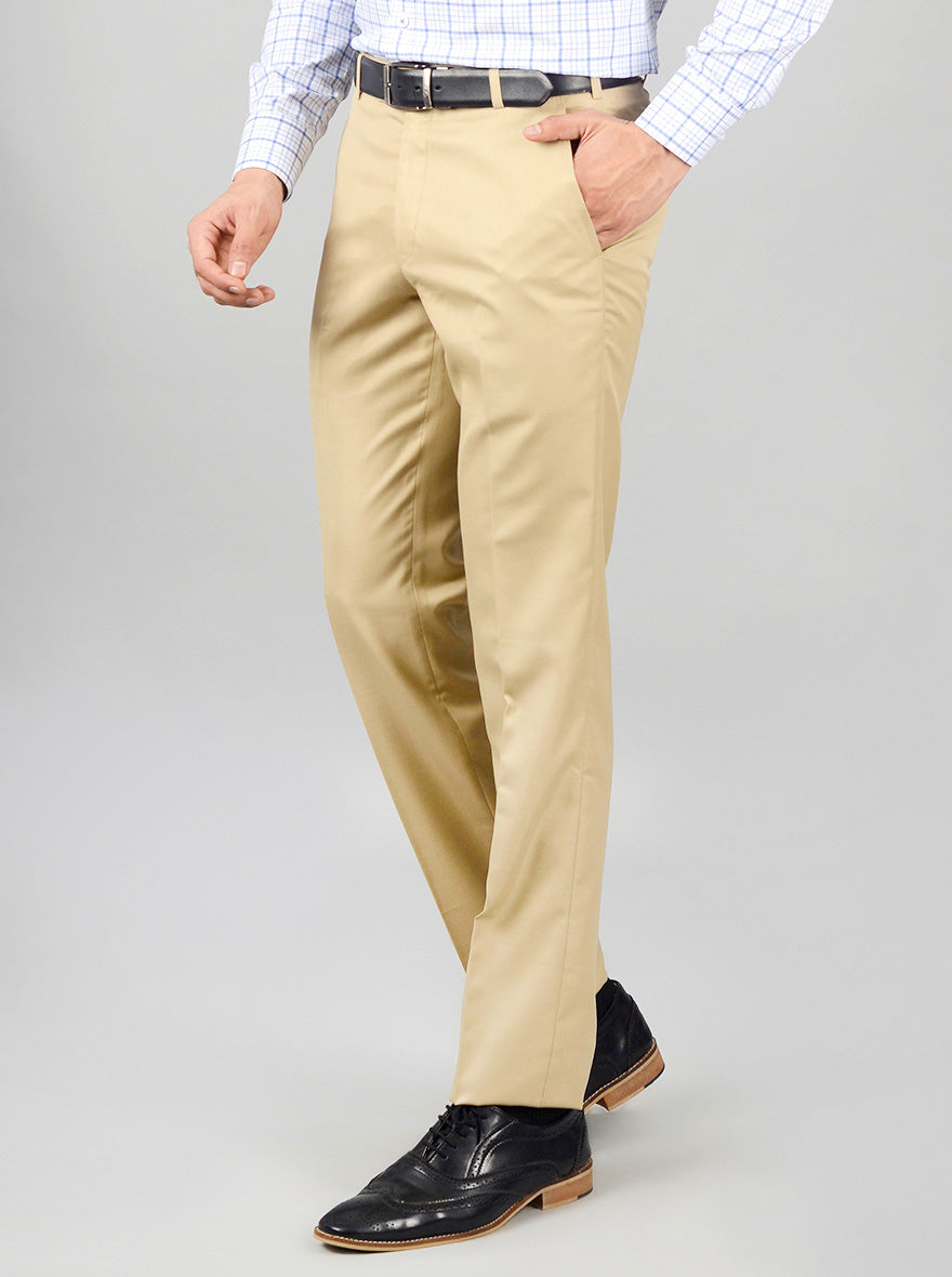 Beige Solid Slim Fit Formal Trouser | Greenfibre