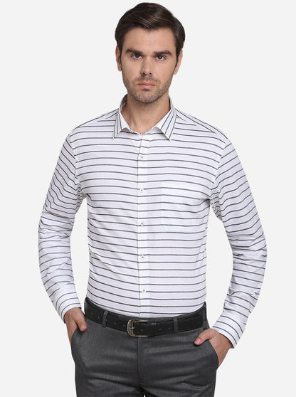 White & Dark Grey Striped Slim Fit Formal Shirt  | JadeBlue