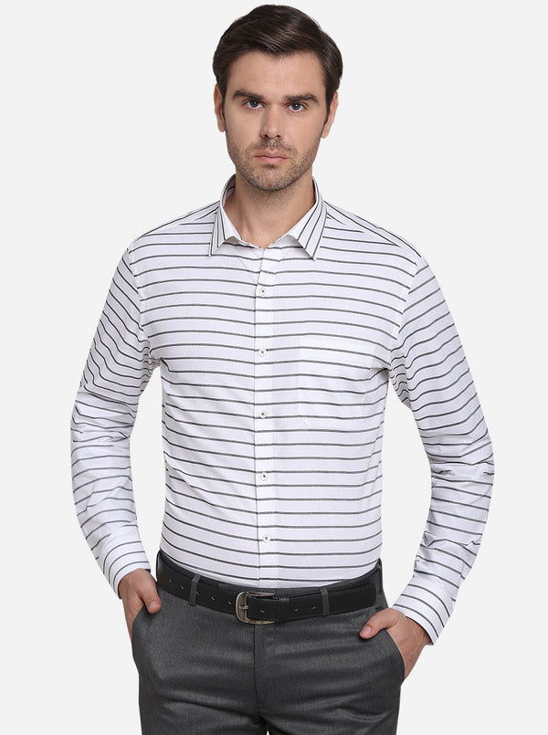 White & Dark Grey Striped Slim Fit Formal Shirt  | JadeBlue