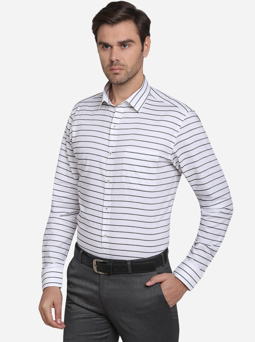 White & Dark Grey Striped Slim Fit Formal Shirt  | JadeBlue