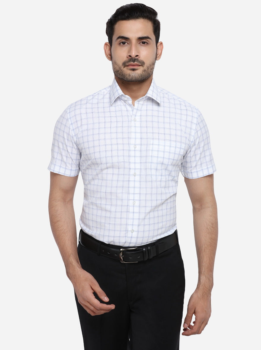 White & Sky Blue Checked Regular Fit Formal Shirt | Greenfibre