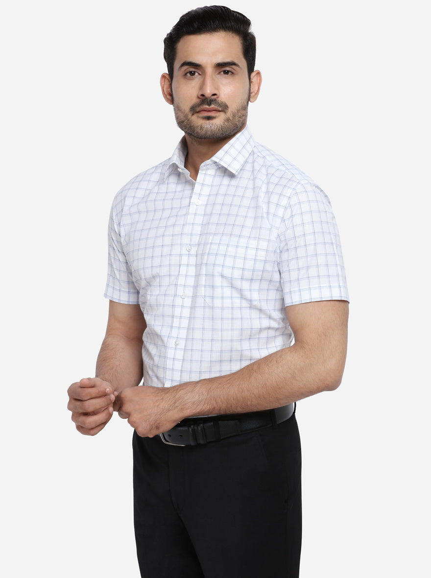 White & Sky Blue Checked Regular Fit Formal Shirt | Greenfibre