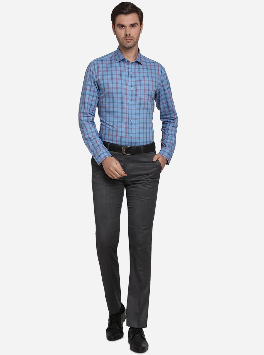 Steel Blue Checked Slim Fit Formal Shirt  | JadeBlue