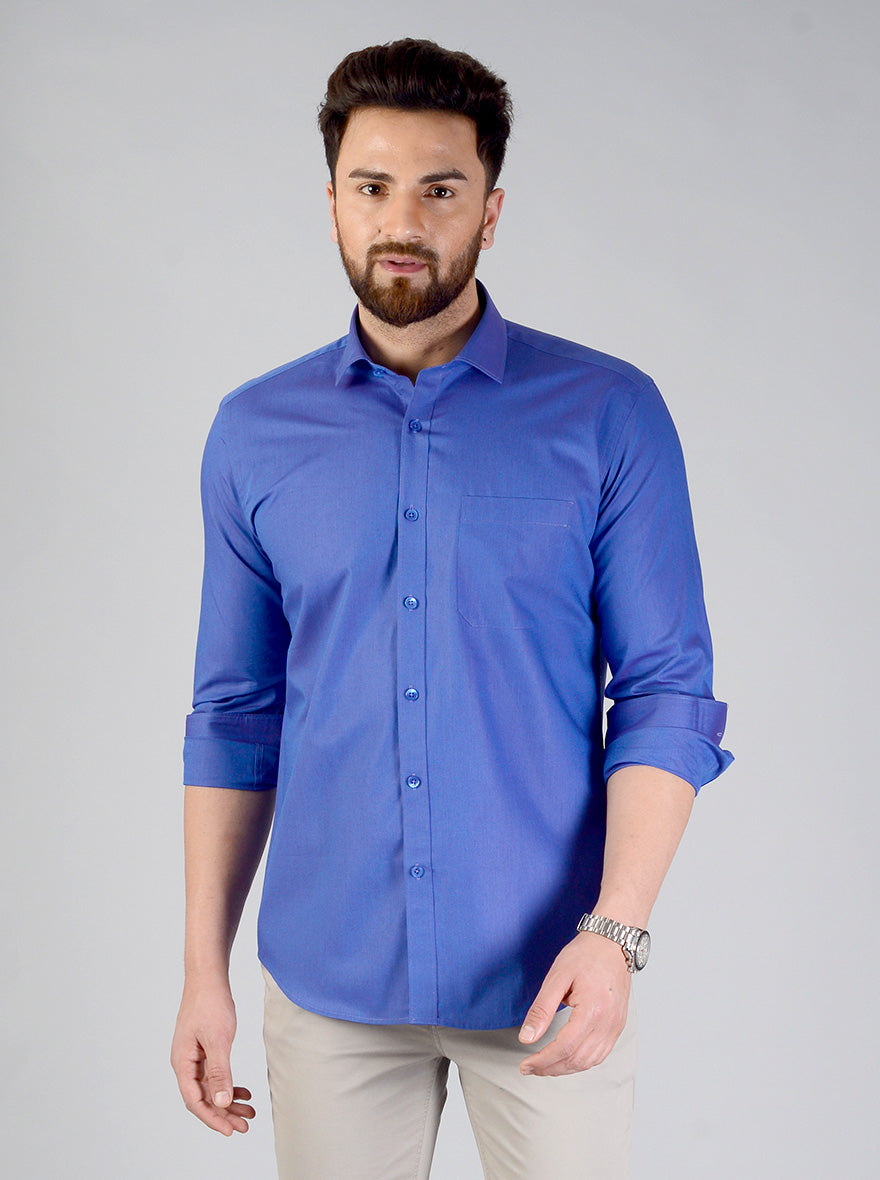 Dark Blue Solid Slim Fit Evening Wear Shirt | Metal