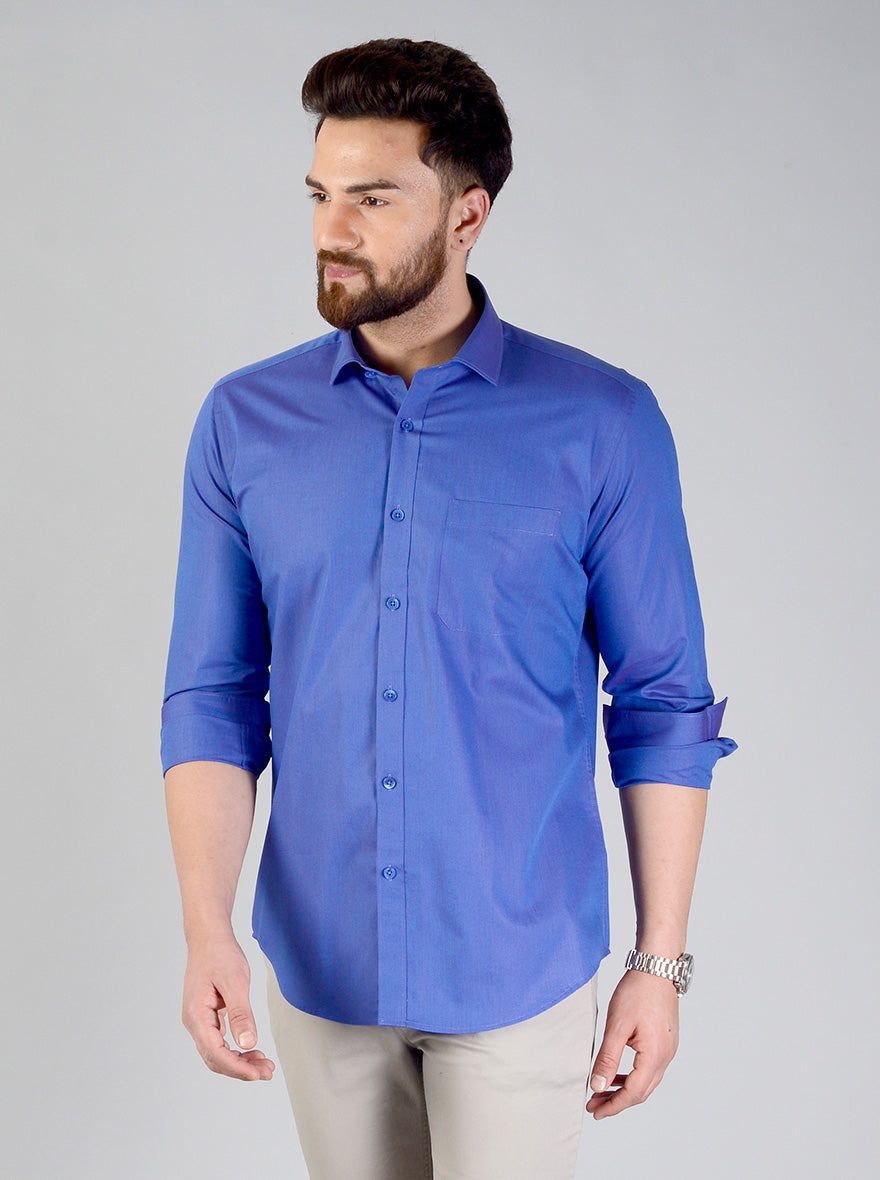 Dark Blue Solid Slim Fit Evening Wear Shirt | Metal