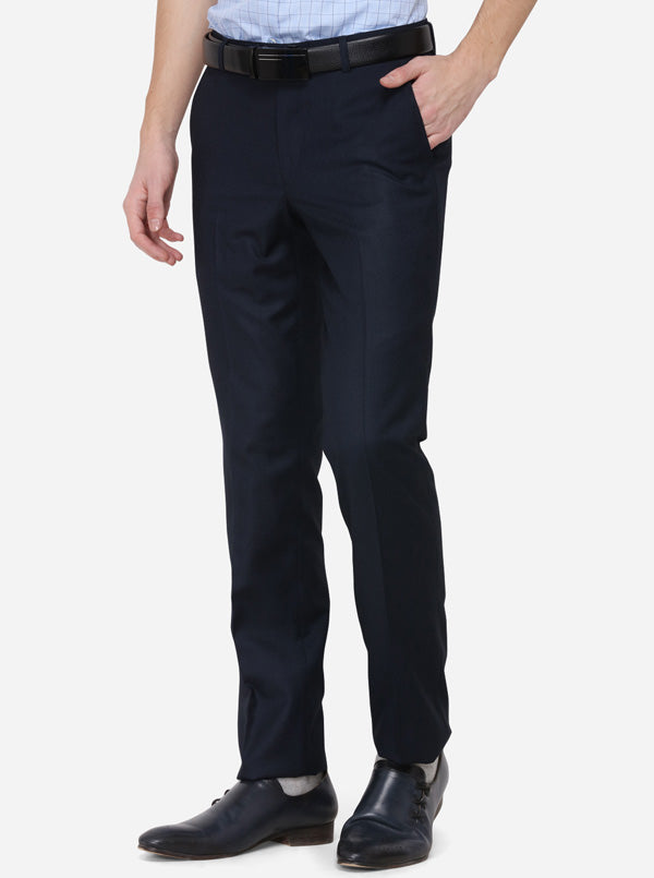 Navy Blue Solid Slim Fit Formal Trouser | Metal