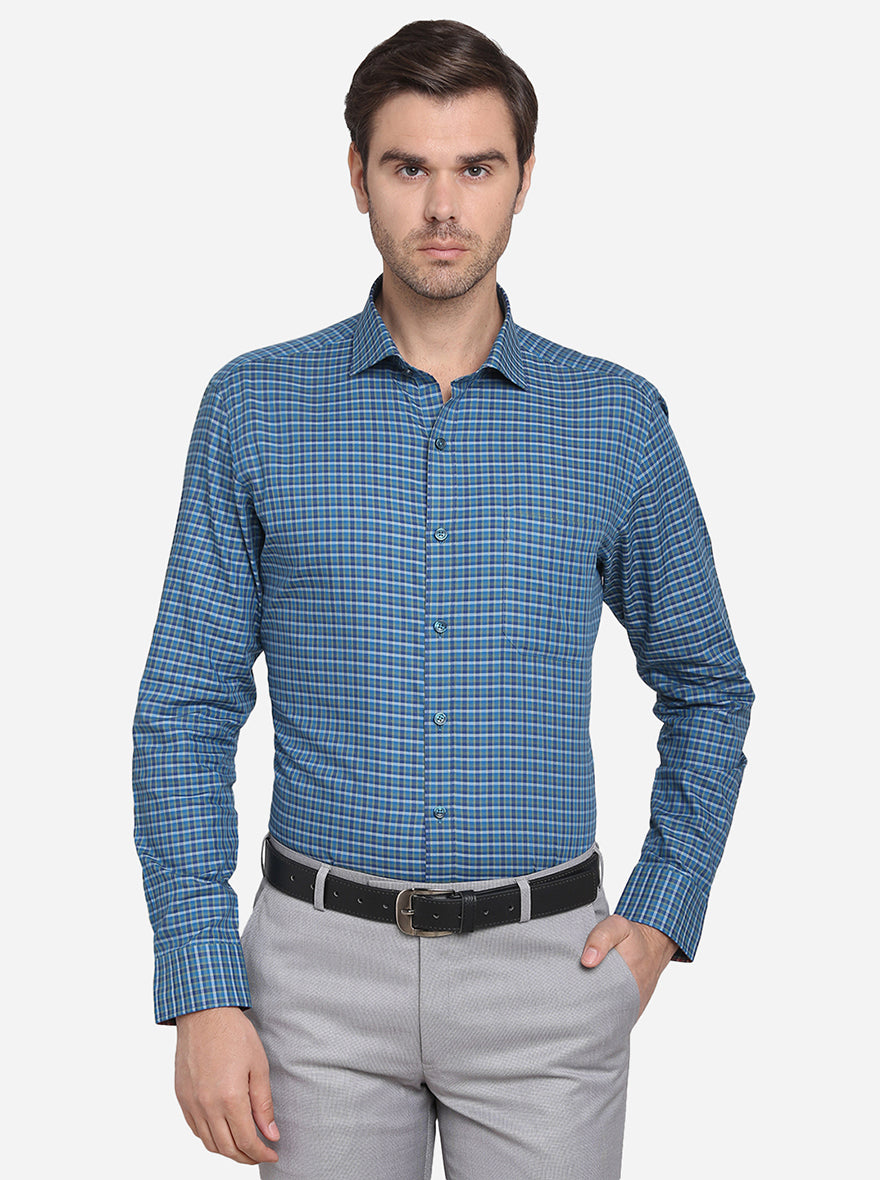 Teal Blue & Grey Checked Slim Fit Formal Shirt | JadeBlue