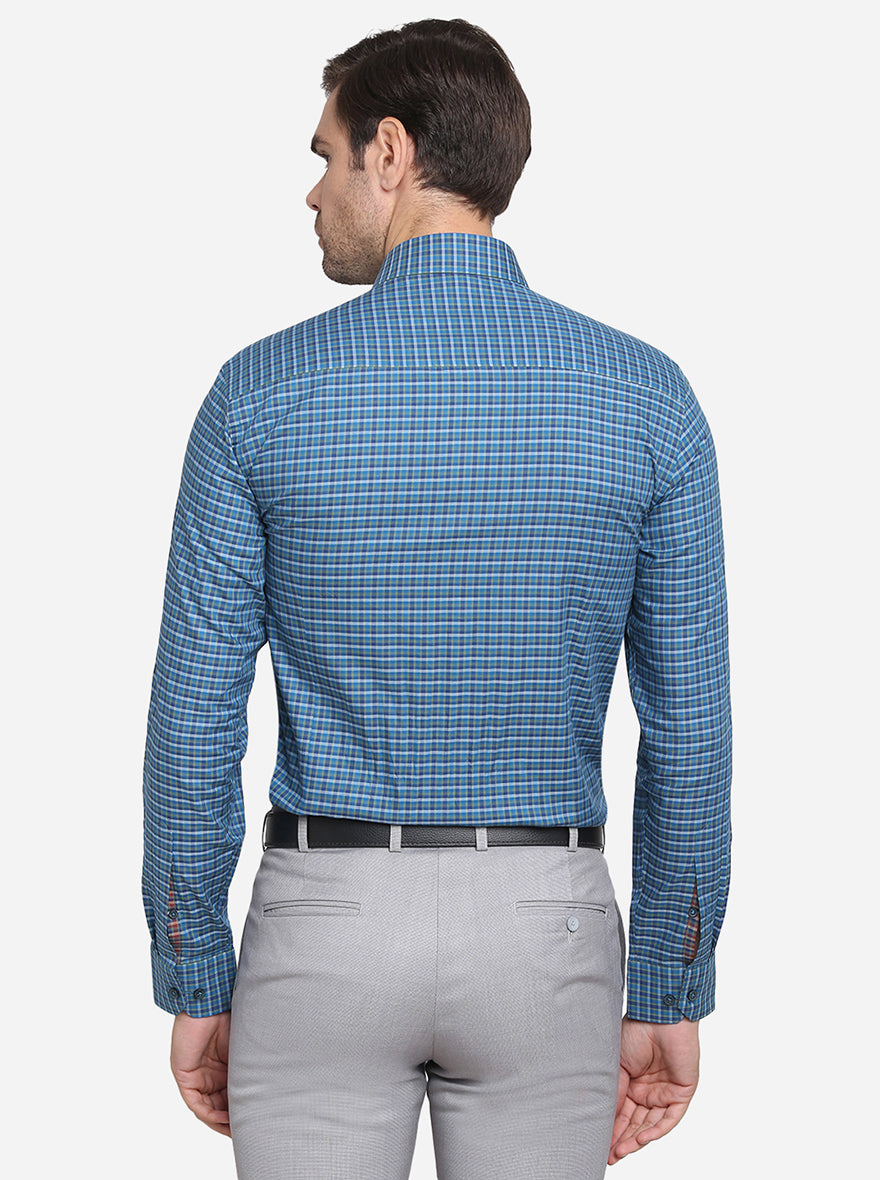 Teal Blue & Grey Checked Slim Fit Formal Shirt | JadeBlue