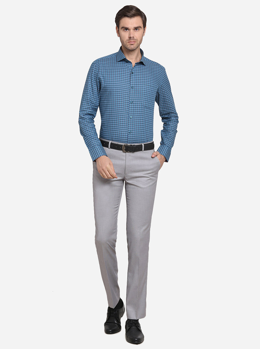 Teal Blue & Grey Checked Slim Fit Formal Shirt | JadeBlue