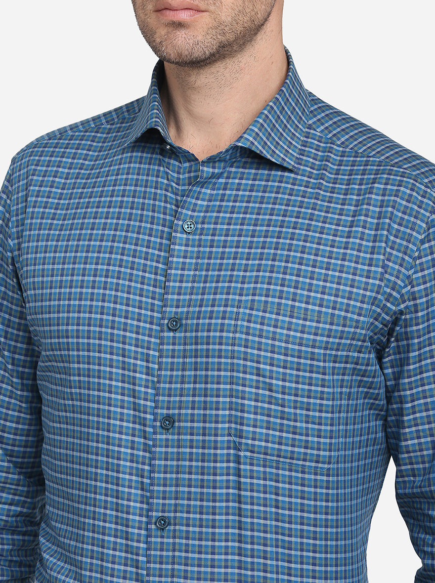 Teal Blue & Grey Checked Slim Fit Formal Shirt | JadeBlue