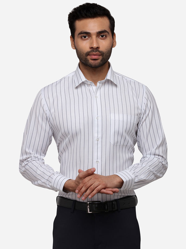 White & Navy Blue Striped Regular Fit Formal Shirt | Greenfibre