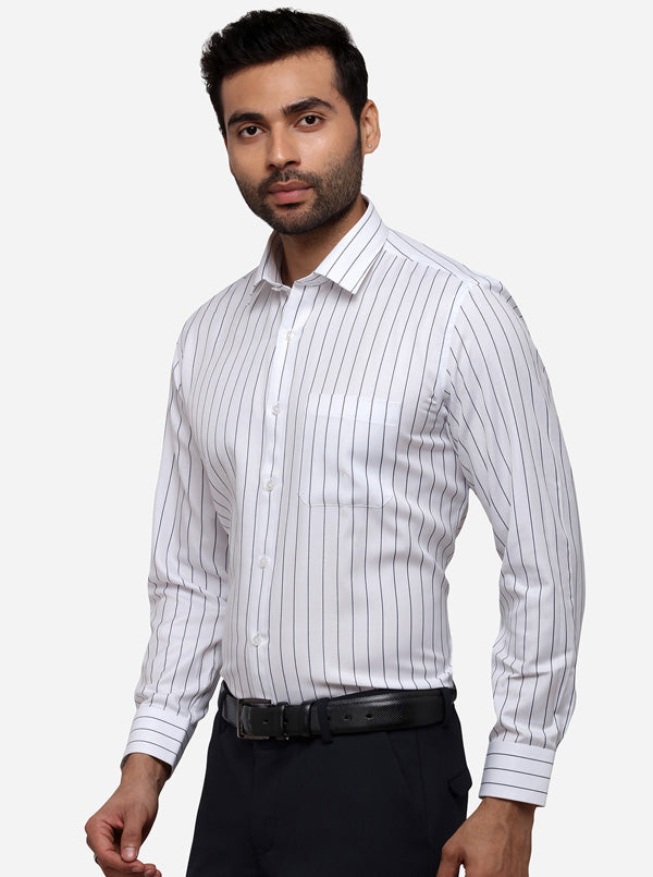 White & Navy Blue Striped Regular Fit Formal Shirt | Greenfibre