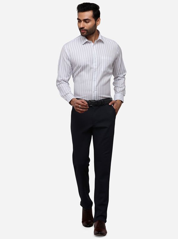 White & Navy Blue Striped Regular Fit Formal Shirt | Greenfibre