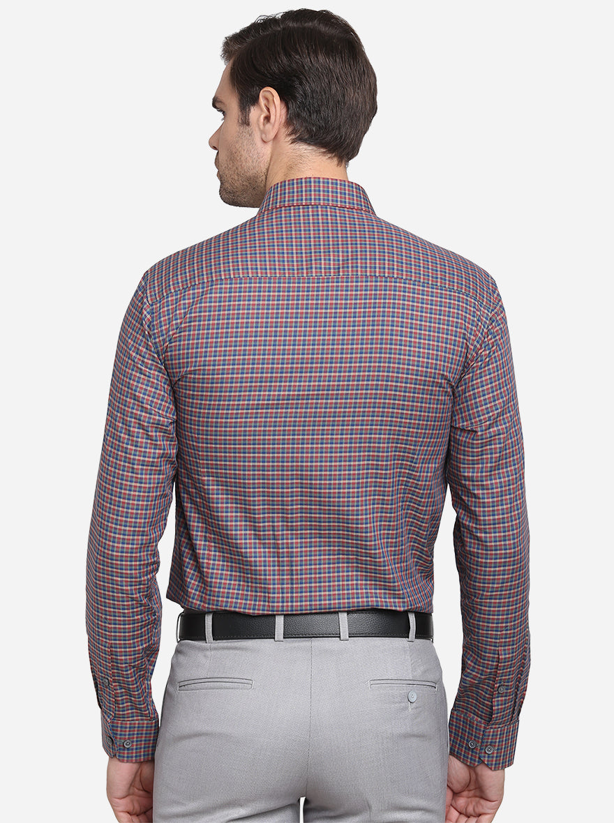 Light Orange & Blue Checked Slim Fit Formal Shirt  | JadeBlue