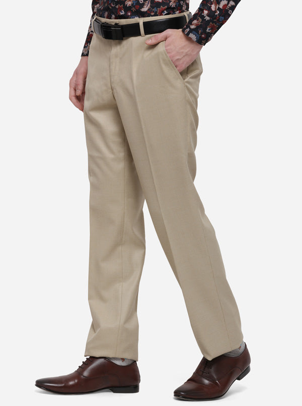 Beige Solid Classic Fit Formal Trouser | Greenfibre