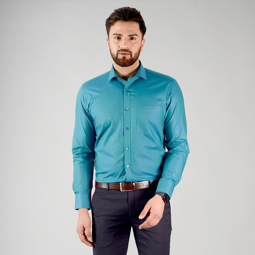 Storm Blue Solid Slim Fit Evening Wear Shirt | Metal