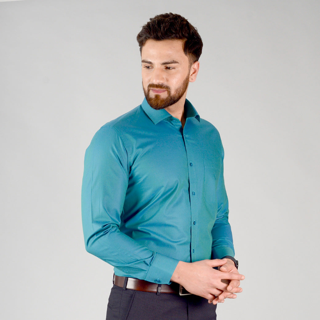 Storm Blue Solid Slim Fit Evening Wear Shirt | Metal