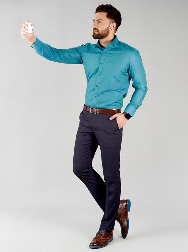 Storm Blue Solid Slim Fit Evening Wear Shirt | Metal