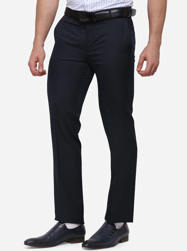Navy Blue Solid Slim Fit Formal Trouser | Greenfibre
