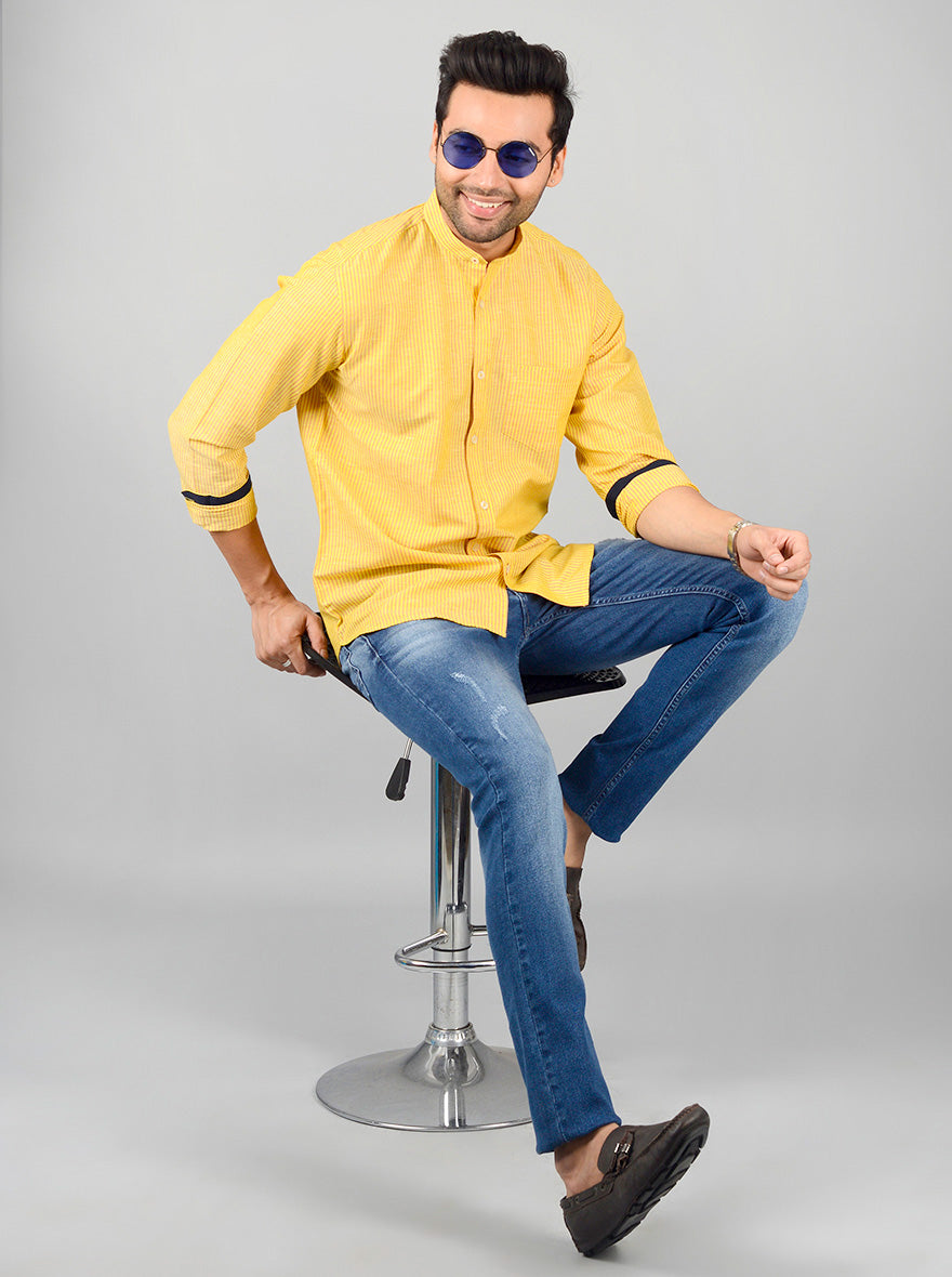 Yellow Striped Slim Fit Casual Shirt | JB Sport