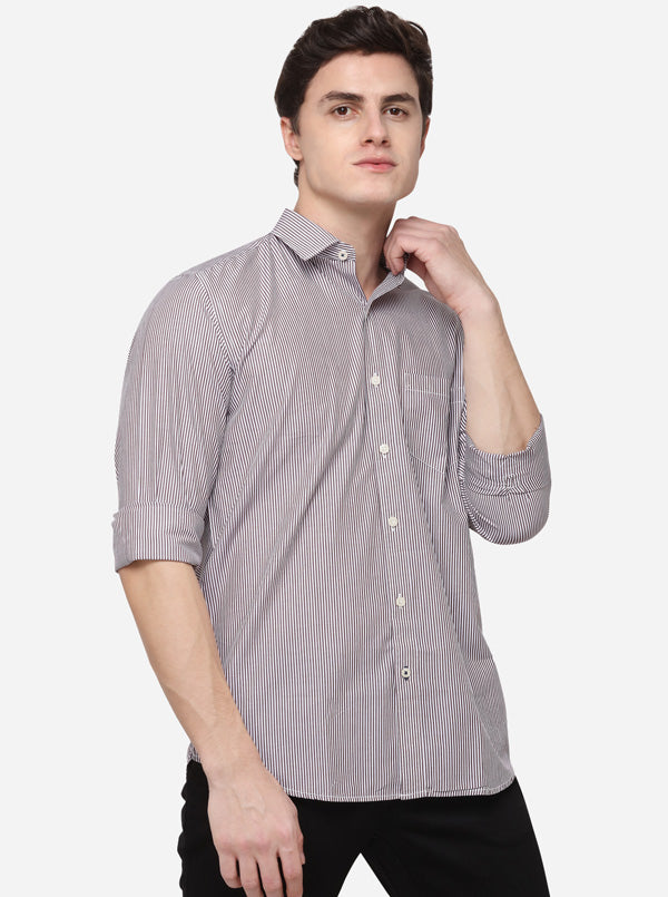 White & Brown Regular Fit Striped Casual Shirt | Greenfibre