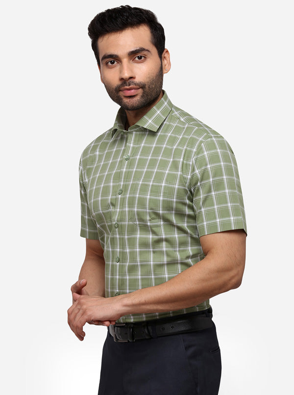 Bottle Green Checked Regular Fit Formal Shirt | Greenfibre