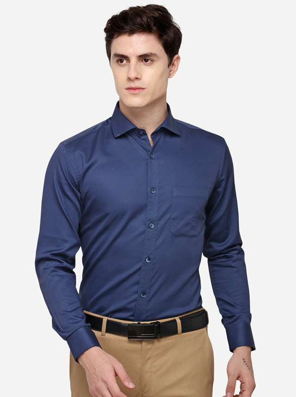 Navy Blue Solid Slim Fit Formal Shirt | Metal