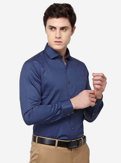 Navy Blue Solid Slim Fit Formal Shirt | Metal