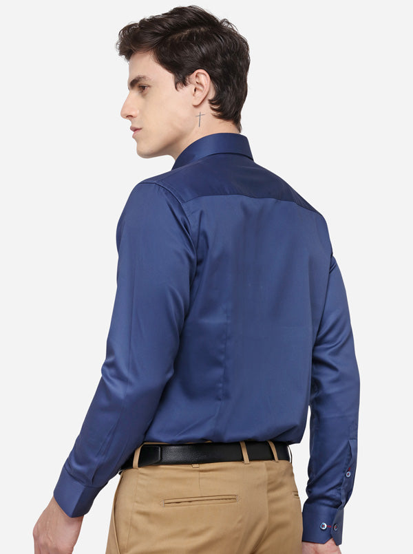 Navy Blue Solid Slim Fit Formal Shirt | Metal