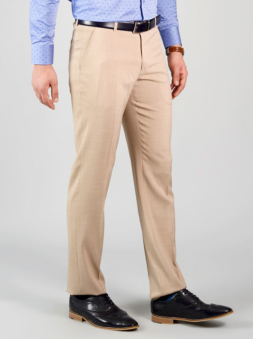 Light Khaki Self Design Slim Fit Formal Trouser | JadeBlue