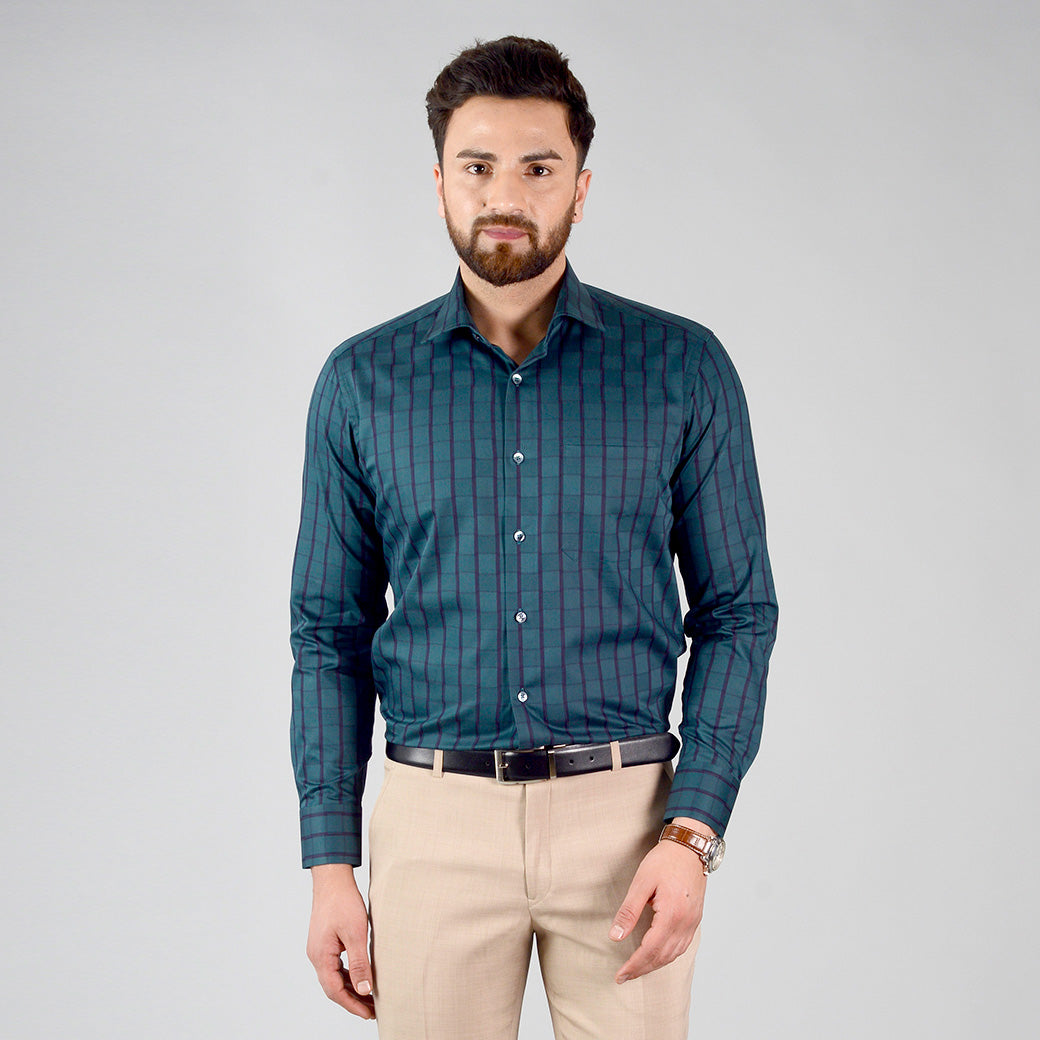 Dark Green Checked Slim Fit Evening Wear Shirt | Metal