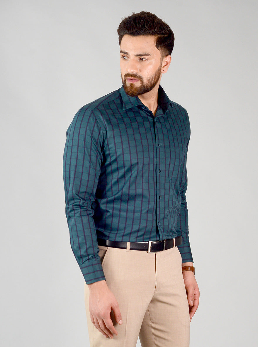 Dark Green Checked Slim Fit Evening Wear Shirt | Metal