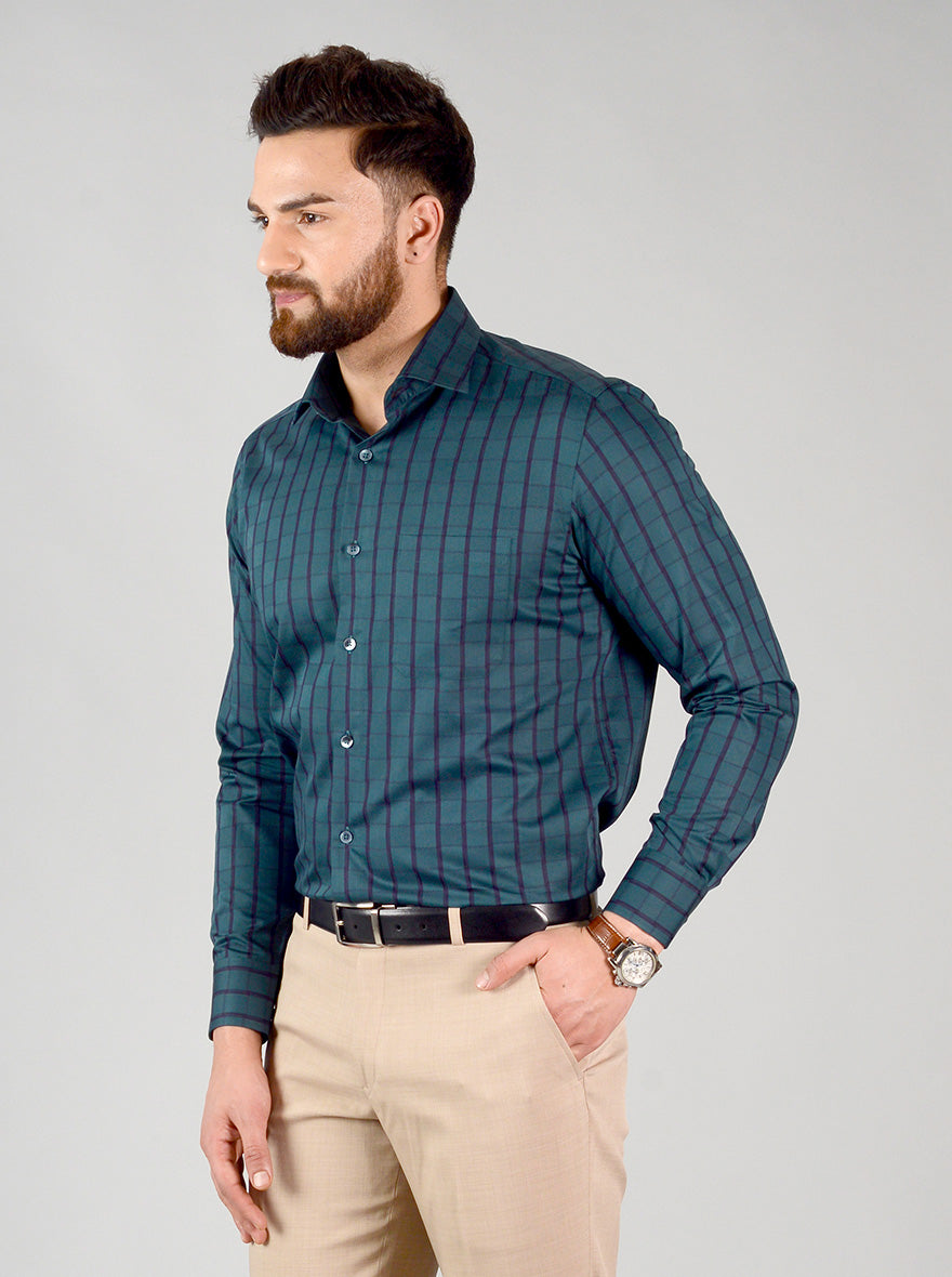 Dark Green Checked Slim Fit Evening Wear Shirt | Metal