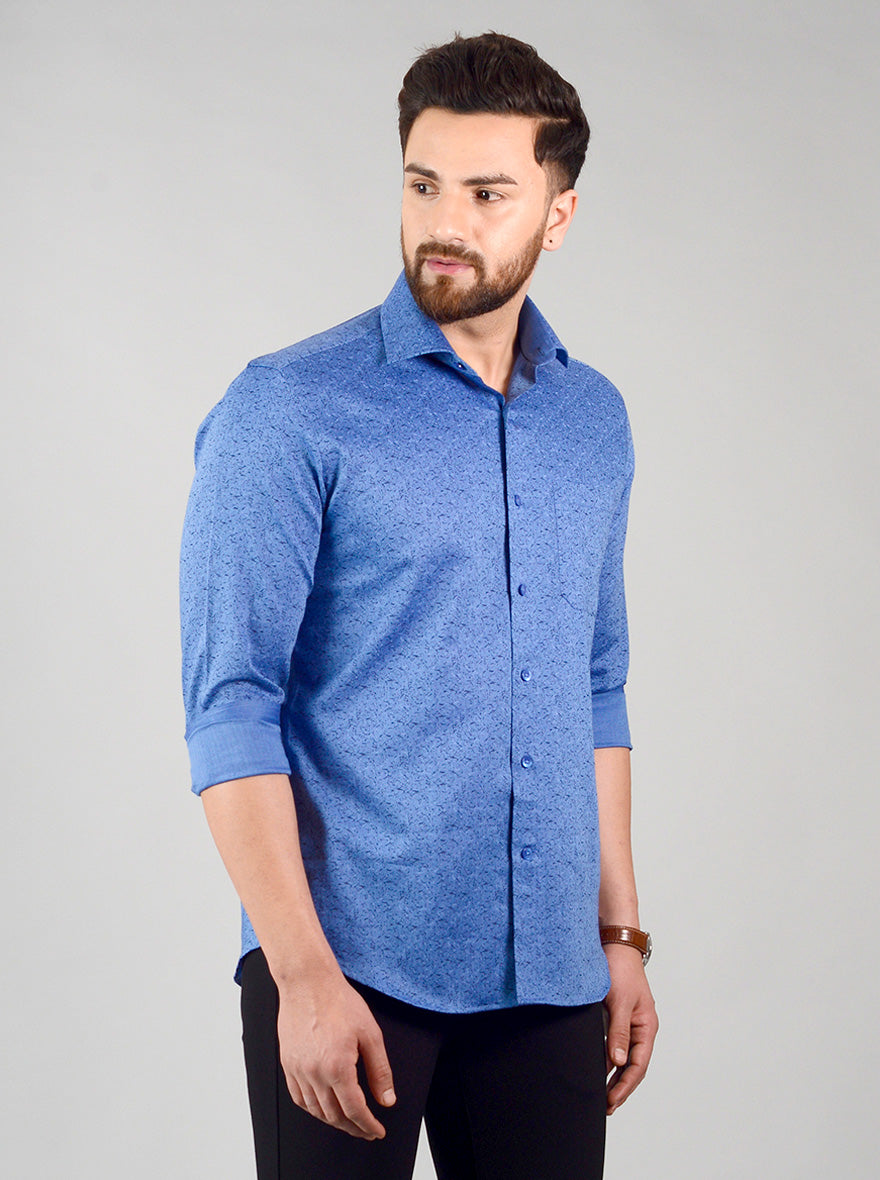 Ocean Blue Printed Slim Fit Evening Wear Shirt | Metal