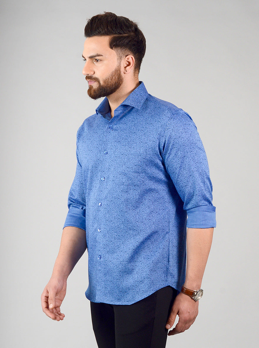 Ocean Blue Printed Slim Fit Evening Wear Shirt | Metal