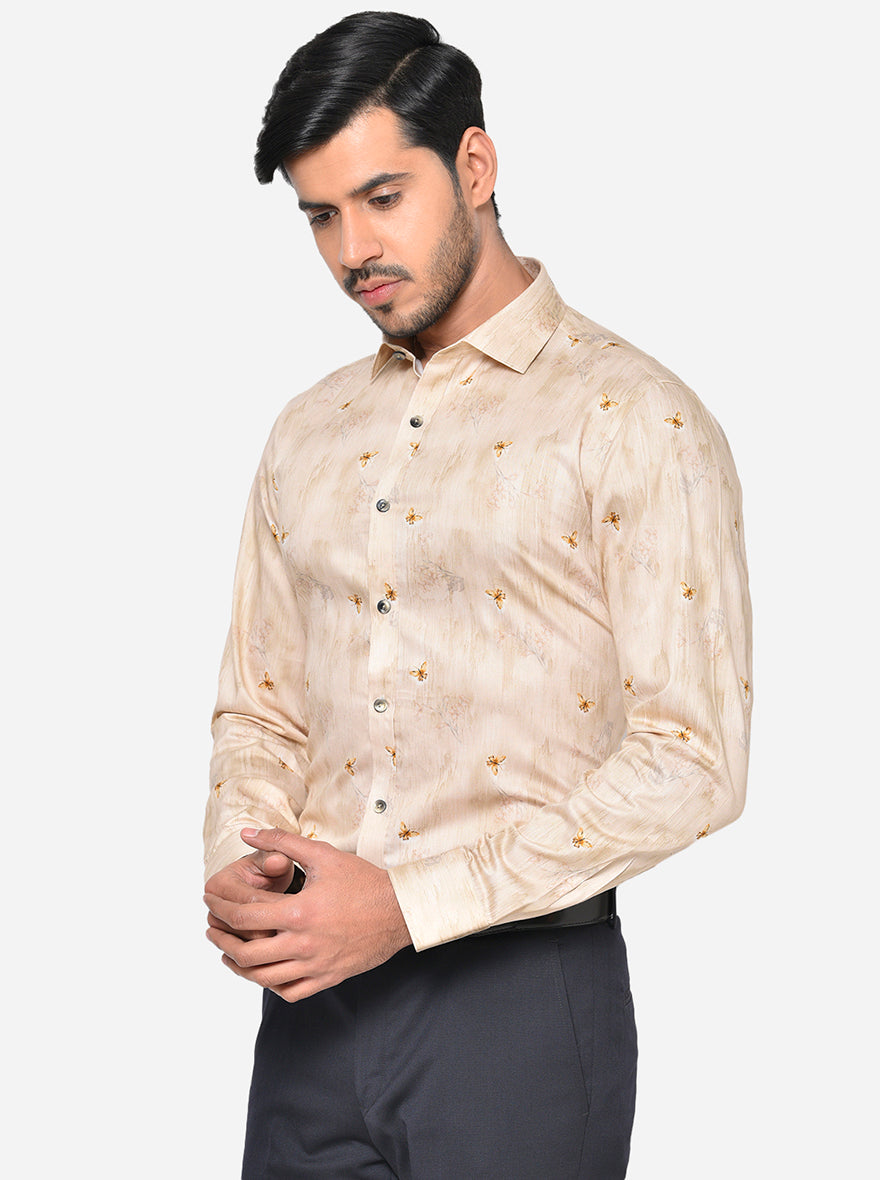 Nude Beige Printed Slim Fit Party Wear Shirt | Wyre